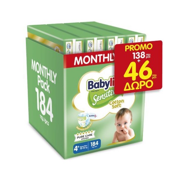 Babylino Sensitive Cotton Soft No4+ (10-15 Kg) Monthly Pack, 138pcs & 46pcs FREE (184pcs)
