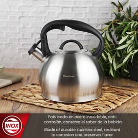 Magefesa Silver 3.1-Quart Stainless Steel Whistling Tea Kettle, Satin-Polished Exterior, Drip-Free Pouring System, Suitable for All Stovetops Including Induction, Removable Lid, Teapot
