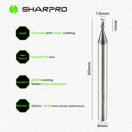 SHARPRO 4mm Shank 1.5mm Cutting Dia. Carbide Square End Mills 2 Flute AlCrN Coated CNC Milling Bits, Apply for Alloy Steel, Stainless Steel, Cast Iron and Aluminum Cutting (5PCS)