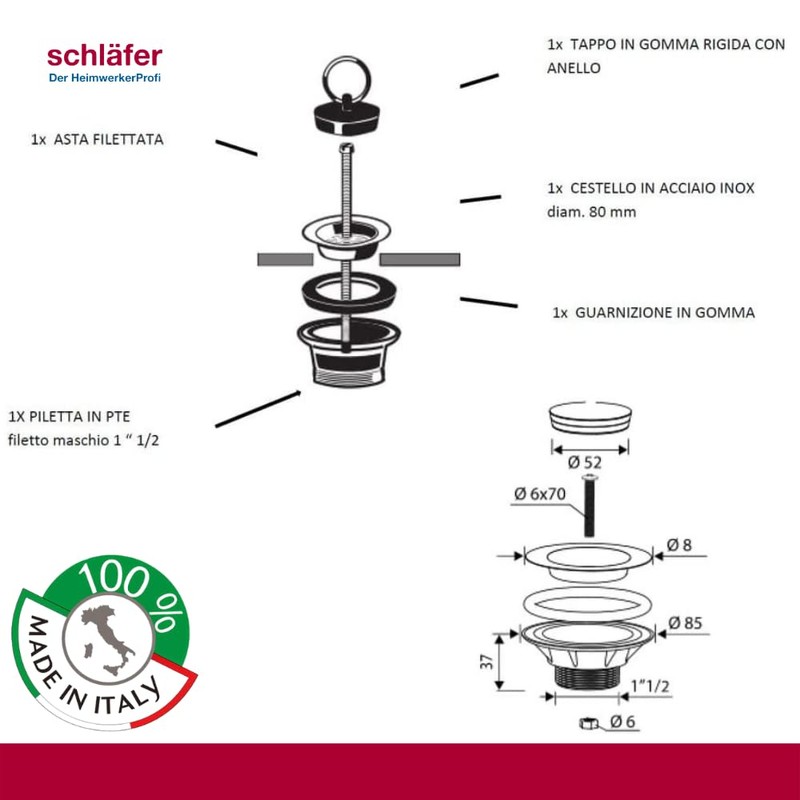 Schläfer 439801 Sink Plug Valve 1 1/2 Inch Chrome Drain