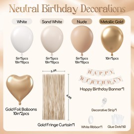 Boho Birthday Decorations with Sand White Nude Metallic Gold Foil Balloons Fringe Curtain Happy Birthday Banner for Neutral Happy Birthday Decorations for Women