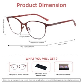 FEIVSN Cat Eye Progressive Multifocus Reading Glasses for Women No Line Multifocal Readers Metal Frame with Hard Case (Workspace For Near Range, Red + Silver, +2.25)