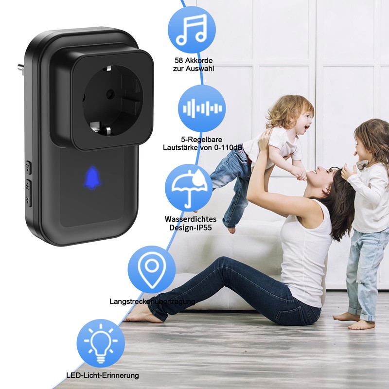 Wireless Bell Set, Wireless Doorbell with EU Socket, IP55 Wireless