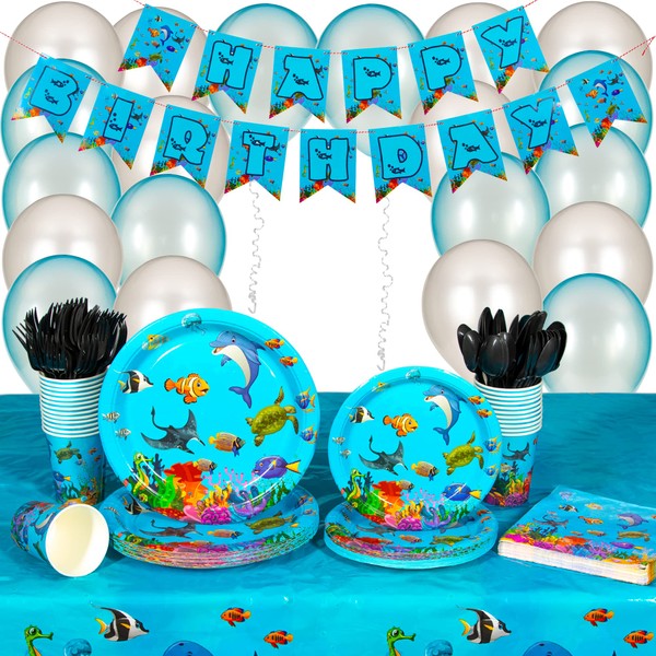 197 Piece Under The Sea Party Supplies Set Including Banner, Plates, Cups, Napkins, Tablecloth, Cutlery and Balloons Serves 25