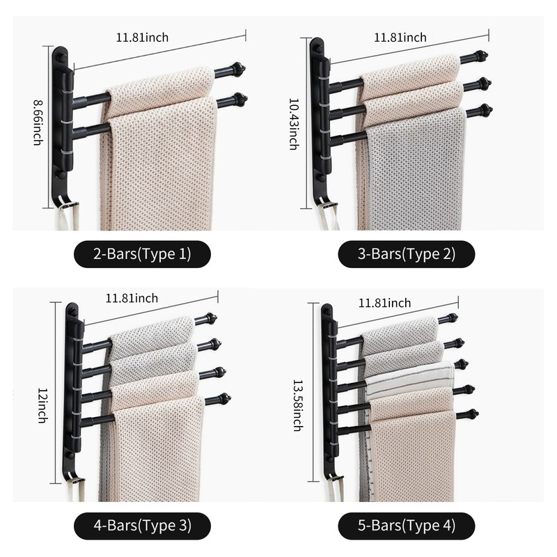 Swivel Out Towel Racks with Hooks 2-Bars Foldable Arms Bath