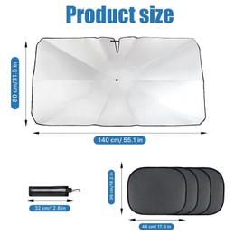 Quzyllic Car Sun Protection Windscreen 140 x 80 cm Interior Foldable Sun Visor with 4 Sun Protection Side Windows Car, 8 Suction Cups, UV Protection Parasol for Most Car, SUV