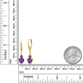 Gem Stone King 18K Yellow Gold Plated Silver Purple Amethyst and White Lab Grown Diamond Drop Dangle Earrings For Women (2.33 Cttw, Heart Shape 7MM, Round 4MM)