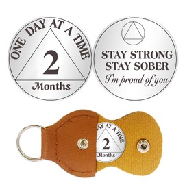 2 Month Sobriety Coin Gifts | One Day at a Time AA Coins - HA AA Chip Medallion with Leather Keychain | Narcotics Alcoholics Anonymous Gifts for Anniversary Month & Year for Men & Women in Recovery