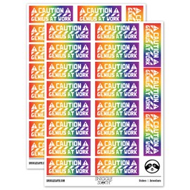 Caution Genius at Work Teacher Student School Sticker Pack - Gloss Finish - Large 2.00" Size - Rainbow