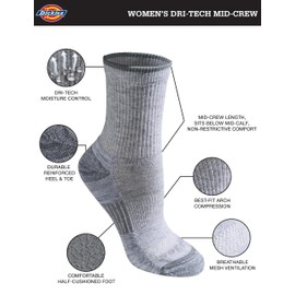 Dickies Women's Dri-Tech Advanced Moisture Wicking Mid-Crew Socks, Available in M-L (6,12 Pairs), Grey Assorted (6 Pairs), Large