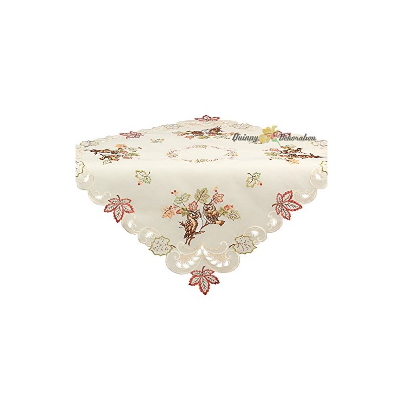 Quinnyshop - Owl Leaf Embroidery Tablecloth Approx. 85 x 85