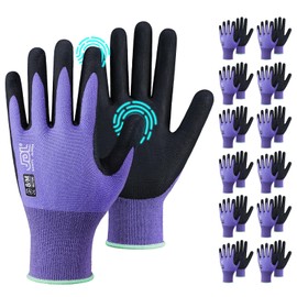 JDL Safety Work Gloves MicroFoam Nitrile Coated 12 Pairs, Seamless Knit Nylon Gloves with Touchscreen Fingers, Non-slip Working Glove for Women Men, Ideal for Gardening General Purpose, Purple X-Large