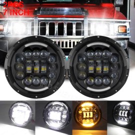 SHENKENUO For Hummer H2 2003-2009 Pair 7" inch Round LED Headlights High Low Beam DRL Lamp