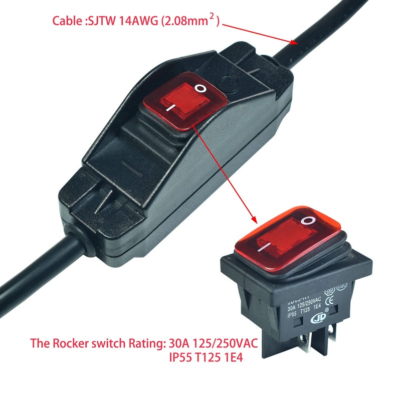 Black 3 Prong Extension Cord with Waterproof Switch，14AWG Heavy Duty