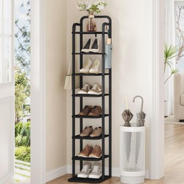 Hzuaneri 8 Tiers Vertical Shoe Rack, Narrow Shoe Tower, Tall Shoes Shelf with 2 Hooks, Adjustable Shelves, Corner Shoes Shelves for Small Spaces, Entryway, Living Room, Black SR04304B