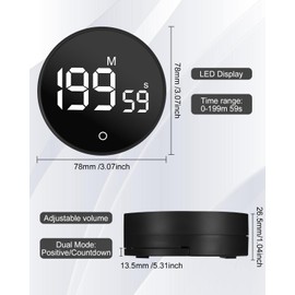 Birshe Kitchen Timer, Digital Timer, Digital Visual Timer, Magnetic Timer, Digital Magnetic Countdown Timer with LED Display, Digital Timer, Black, 2 Modes, Suitable for Kitchen, Bathroom, Office