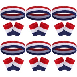 18 Pcs Sweatbands Headband Wristband Set Colorful Striped Terry Cloth Sports Athletic Gym 80s Sweat Headbands Wrist Bands (Red White Blue Stripe)