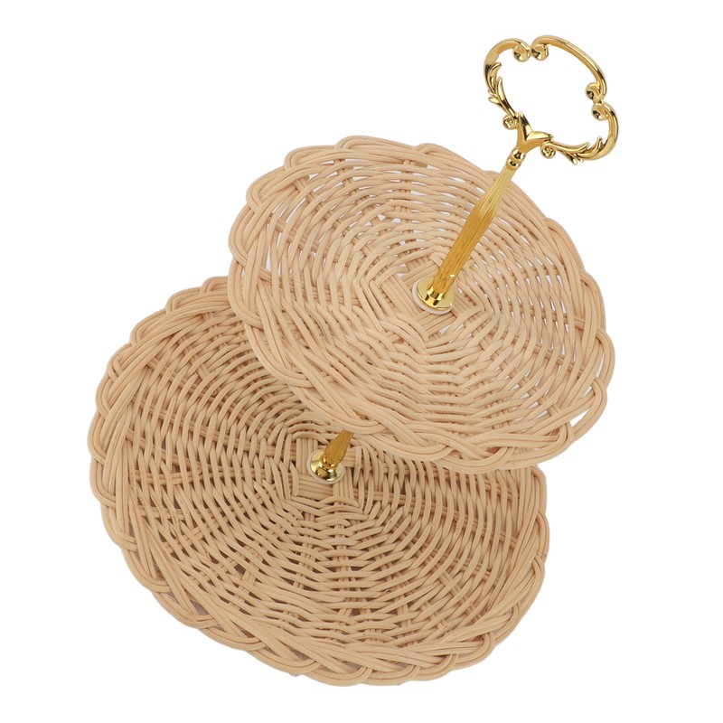 2 Tier Rattan Serving Standing Trays Round Woven Bread Fruit