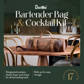 Barillio Bartender Kit Bag with Cocktail Shaker Set - Waxed Canvas, Traveling Bar Tools Bag with 17-Pc Cocktail Kit - Travel Mixology Bartending Kits - Mobile Bar Roll with Strap & Accessories