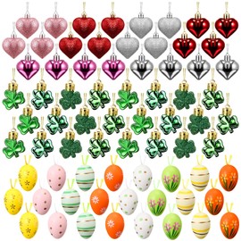 Anglechic 72 Pcs Valentine's Day Heart Ornaments St. Patrick's Day Shamrock Ornaments Colorful Easter Egg Hanging Ornaments Heart Clover Egg Bauble for Valentine's Day St. Patrick's Day Easter Party