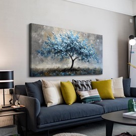 MHARTK66 Canvas Wall Art for Living Room, Bedroom, Office - Farmhouse Wall Decor - Gray & Blue Tree Landscape - 40"X20" Ready to Hang