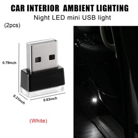 Sylvil 2 PCS USB LED Car Interior Atmosphere Lamp, Portable Mini LED Night Light, Plug-in USB Interface Trunk Ambient Lighting Kit, Universal Interior Car Accessories (White)
