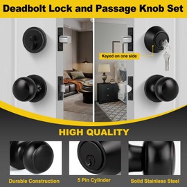 CML Hardware 3 Pack Keyed Alike Deadbolt Lock and Passage Door Knob Set, Entry Deadbolt Door Lock Combo Set, for Interior and Exterior Door, Matte Black