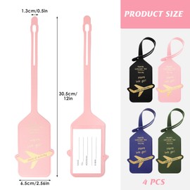 AHRLIC 4 Pcs PU Leather Luggage Tags with PVC Privacy Window, Hot Stamping Matte Gold, Durable Travel Suitcase Bag Tags in Pink, Black, Dark Green, Dark Blue –Ideal for Suitcases, Backpacks, Gym Bag