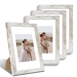Hongkee 8x12 Picture Frame Set of 4, Made of Glass and Distressed White Wooden Frame - Display 6x8 Picture with Mat or 8 x 12 Poster Without Mat, 8 by 12 Photo for Wall or Tabletop