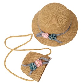 Straw Hat and Small Bag Set Girls Children Summer Sun Hat with Flower Decoration for Holiday Travel Outdoor Activities, khaki, Unit size