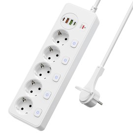 TANXIS Steckdosenleiste 5 Fach Einzeln Schaltbar, Mehrfachsteckdose mit 2 USB A & 2 USB C, Verteilersteckdose 5 Fach mit Schalter, Steckdosenleiste Wandmontage mit 2M Verl?ngerungskabel, PD 20W - Wei?