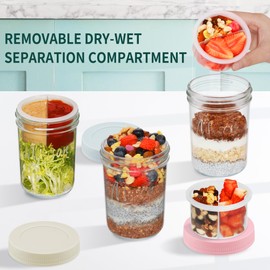 Xyptorix 16 oz Overnight Oats Containers with Lids, 2-Pack Leak-Proof Wide Mouth Mason Jars & Separate Compartments for Fruits/Nuts, Airtight Glass Jars for Chia Pudding, Yogurt, Parfait and Salad