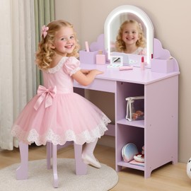 Kids Vanity with Lighted Mirror & Stool, Little Girls Vanity with Adjustable LED Light, Storage Drawer & Shelves for Girls 3-9, Purple