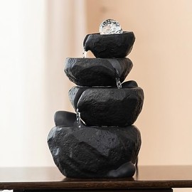 Tabletop Desktop Fountain Waterfall Water Feature Ceramic Indoor Fountain Office Home Decoration (Black)