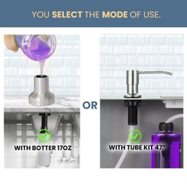 SBEN Built-in Kitchen Sink Soap Dispenser – Stainless Steel Brushed Nickel Pump, 17 oz Bottle and Extension Tube Kit 47", Upgraded Metal Check Valve, Countertop Hand Soap & Lotion Dispenser