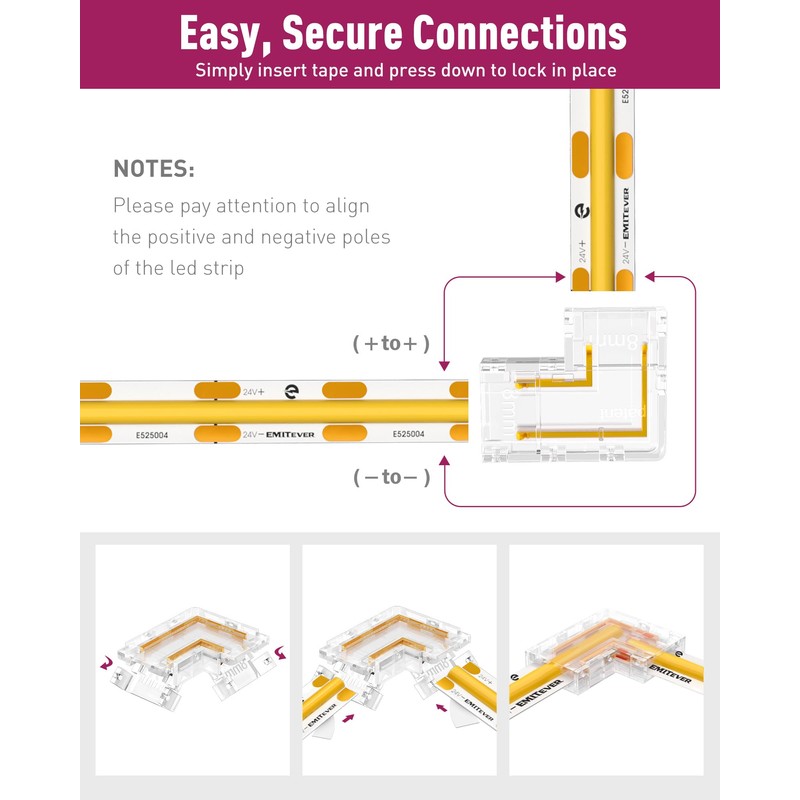 EMITEVER 8mm LED Strip Connectors 12pcs, Led Corner Connector L-Shaped