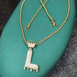 Initial Necklace for Men Women,Crown Letter Pendant with 24 Inch Chain,Cubic Zirconia Capital Monogram Pendant Necklace Jewelry Gift (Initial L)