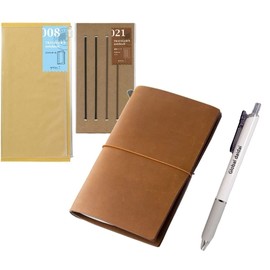 Midori Traveler's Notebook Leather BUNDLE SET, Regular Size Camel, Refill Connection Rubber Band, Clear Zipper Case, DaiDai Original ballpoint pen