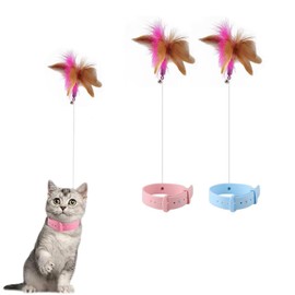 BinPhorm Adjustable Cat Collar with Feather and Bell,2 PCS Interactive Teasing Wand Toy Durable Cat Stick for Self Playing Fun Feather Wand Perfect for Bonding Exercise(Pink & Blue)