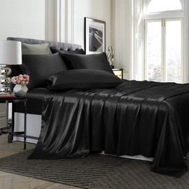 TREELY 6 Piece Satin Sheets Full Size Silky Smooth Black Satin Sheet Set with Deep Pocket, Satin Fitted Sheet, Flat Sheet, 4 Satin Pillowcase