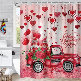 Ofteber Valentines Day Shower Curtain - Romantic Falling Red Heart Gnomes Shower Curtain, Valentines Day Lovers Bathroom Curtain with 12 Hooks 71"X71"