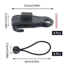 Tarpaulin Tensioner Clips, 8 Pieces Tarpaulin Tensioners with Hooks and 8 Pieces Elastic Straps with Ball, Shark-Shaped Tarp Clips, Durable Set for Tarpaulin, Tarp, Camping, Motorhome Accessories