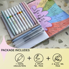Glitter Highlighter Pens Set for Girls – 7 Sparkle Pastel Highlighters + 6 Morandi Gel Pens + 2 Black Pens, No Bleed, Smooth Writing for School Notes, Bible Study, Journaling, Gift for Teens