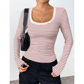 Zeagoo Pink and White Striped Shirts for Women Casual Basic Long Sleeve Scoop Neck Top 2025 Fall Clothes