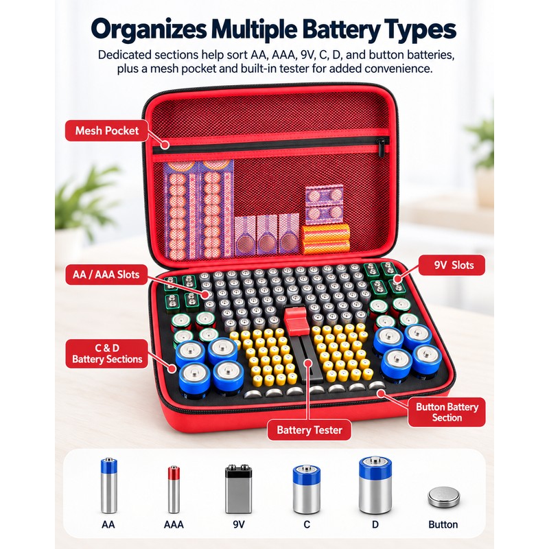 Battery Organizer Case with Tester for Home Storage – Hard-Shell
