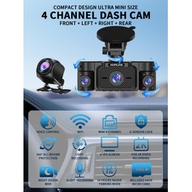 Dash Cam Front and Rear, 360° Dash Camera for Cars 4 Channel 2K FHD Mini Dashcam, Car Camera Built-in WiFi, with 64GB Card, Voice Control, Night Vision, WDR, 24/7 Parking Mode, V30-4CH