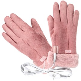 BESPORTBLE USB Heated Gloves for Women, Electric Hand Warmer Winter Warming Heating Glove with Adjustable Temperature, Suede Thermal Mittens for Walking Outdoor Driving, Pink