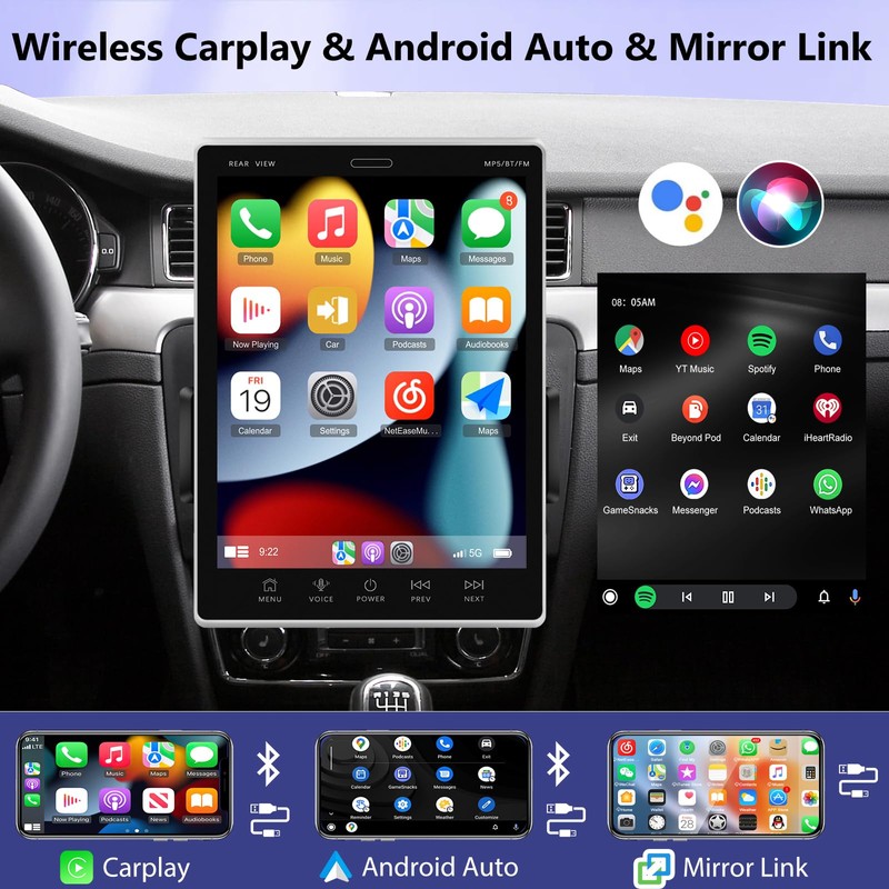 [2+64G] 9.5 inch Vertical Touchscreen Single Din Car Stereo -