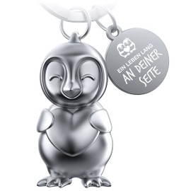 FABACH Penguin Keyring Frosty with Heart - Lucky Charm Penguin Gifts Girlfriend - Partner Gifts Love Keyring Couples Anniversary - Engraving Ein Leben lang an deiner Seite, silver matt