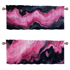 CAIJXIONG Abstract Marble Kitchen Curtains Set of 2 Pink and Black Rod Pocket Decorative Small Window Curtains Valance for Cafe Living Room Bathroom Window Treatment Valances 54x18 inch
